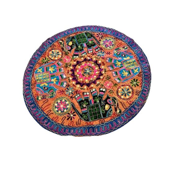 Wall Hanging table topper cotton Elephant embroidery Mirrors 35” Round Boho - Picture 1 of 16